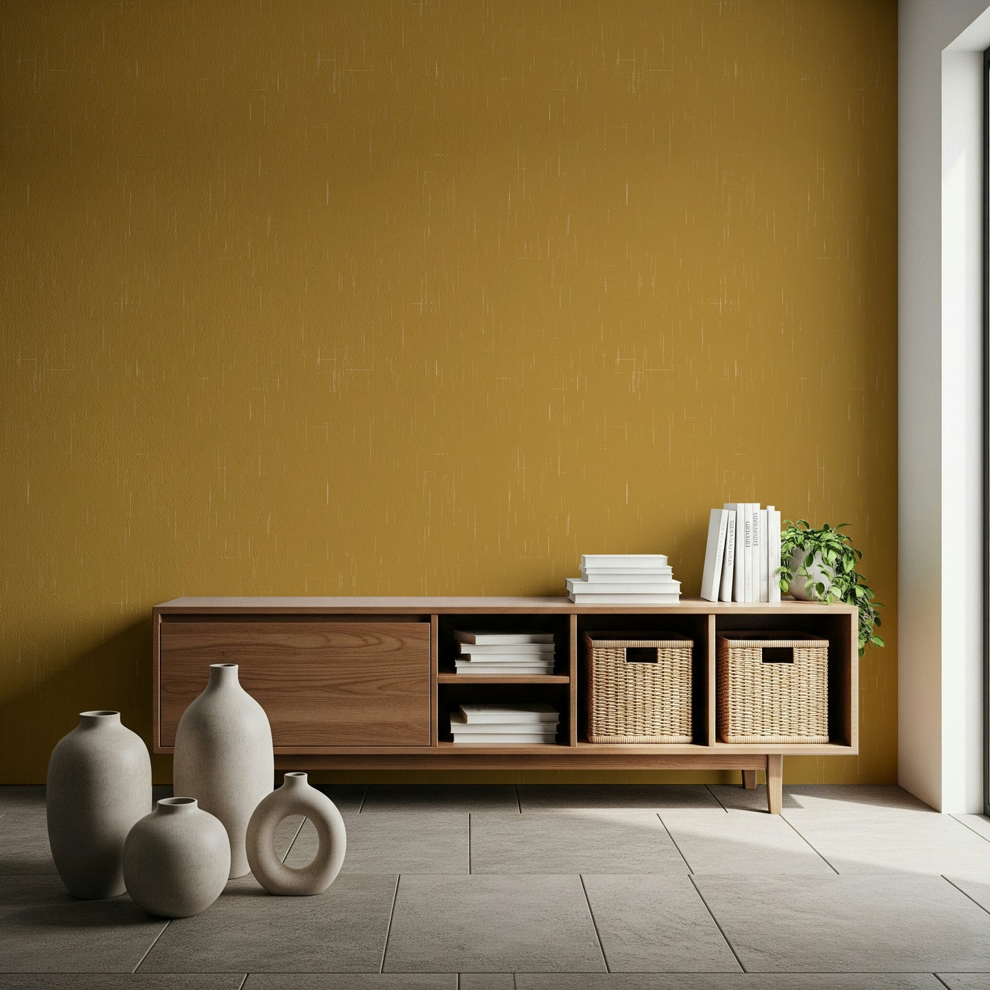 Linen Texture Mustard wall mural, chic retro pattern, golden hue.