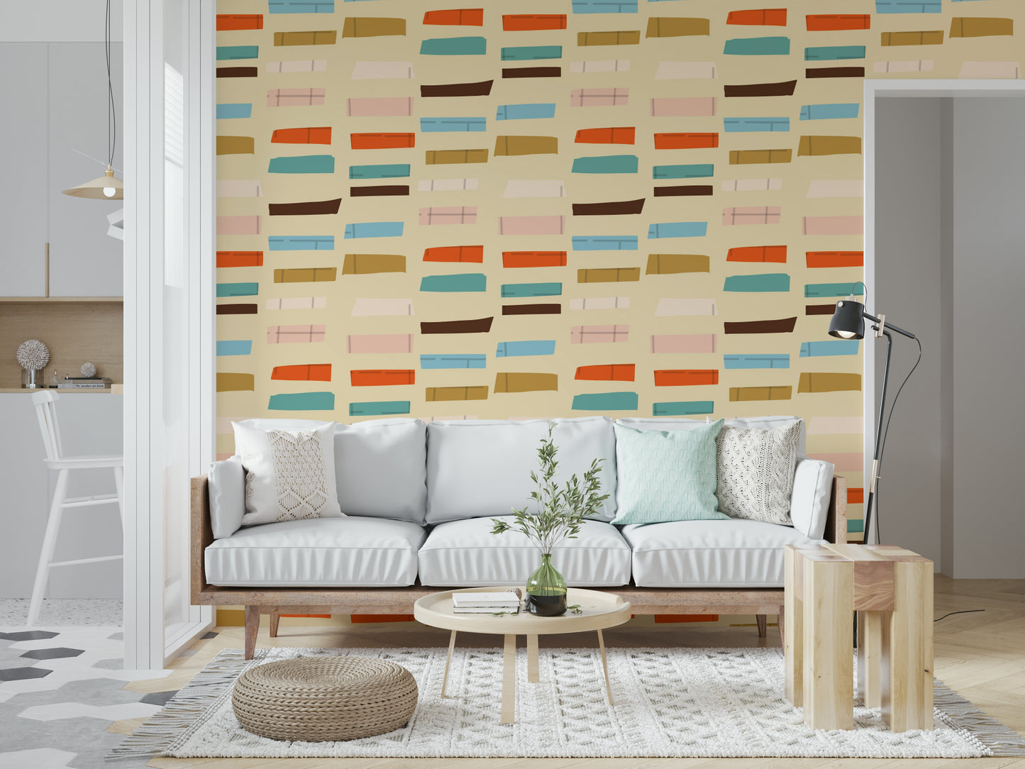 Contemporary Stacked Blocks wallpaper minimalist vibrant tones interior look.