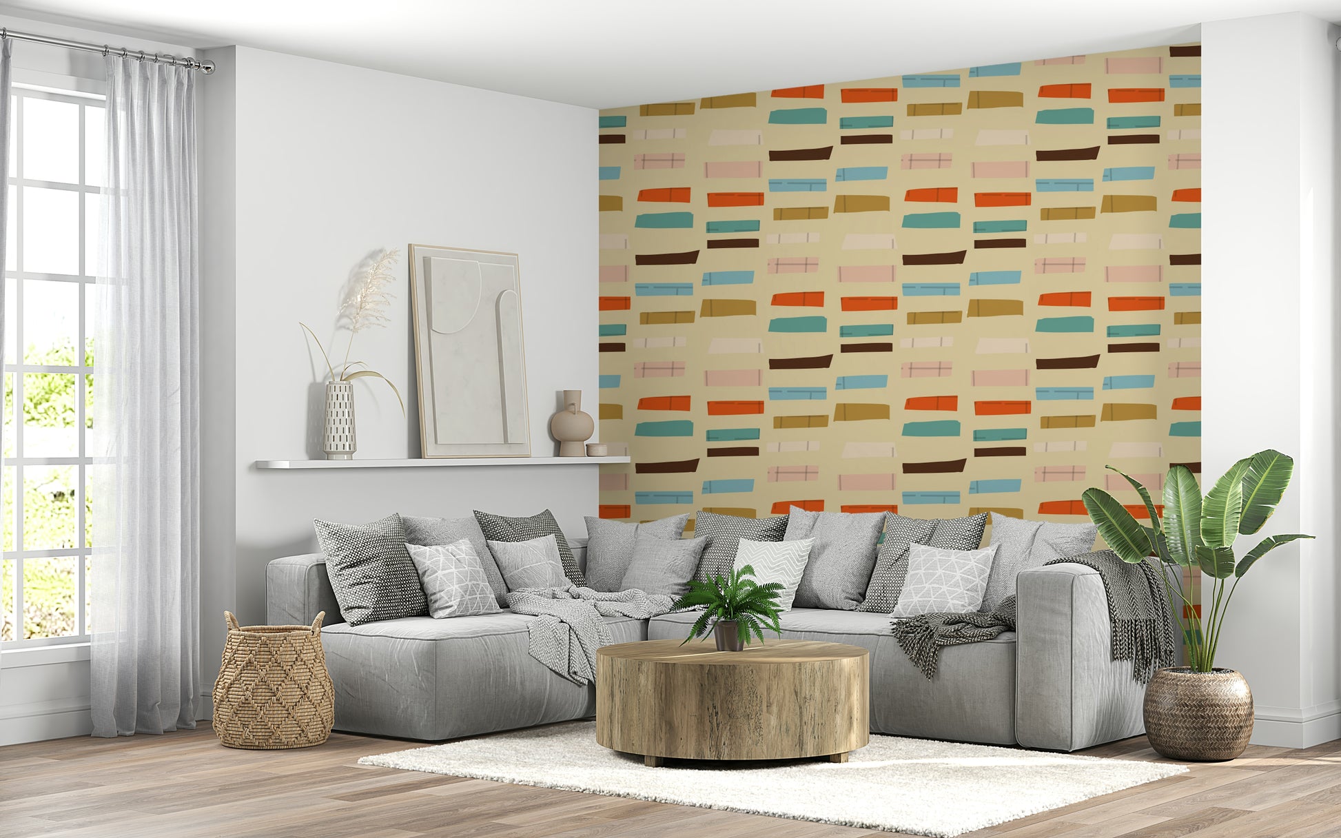 Textured Blocks Beige wallpaper subtle detail strips shapes living room.