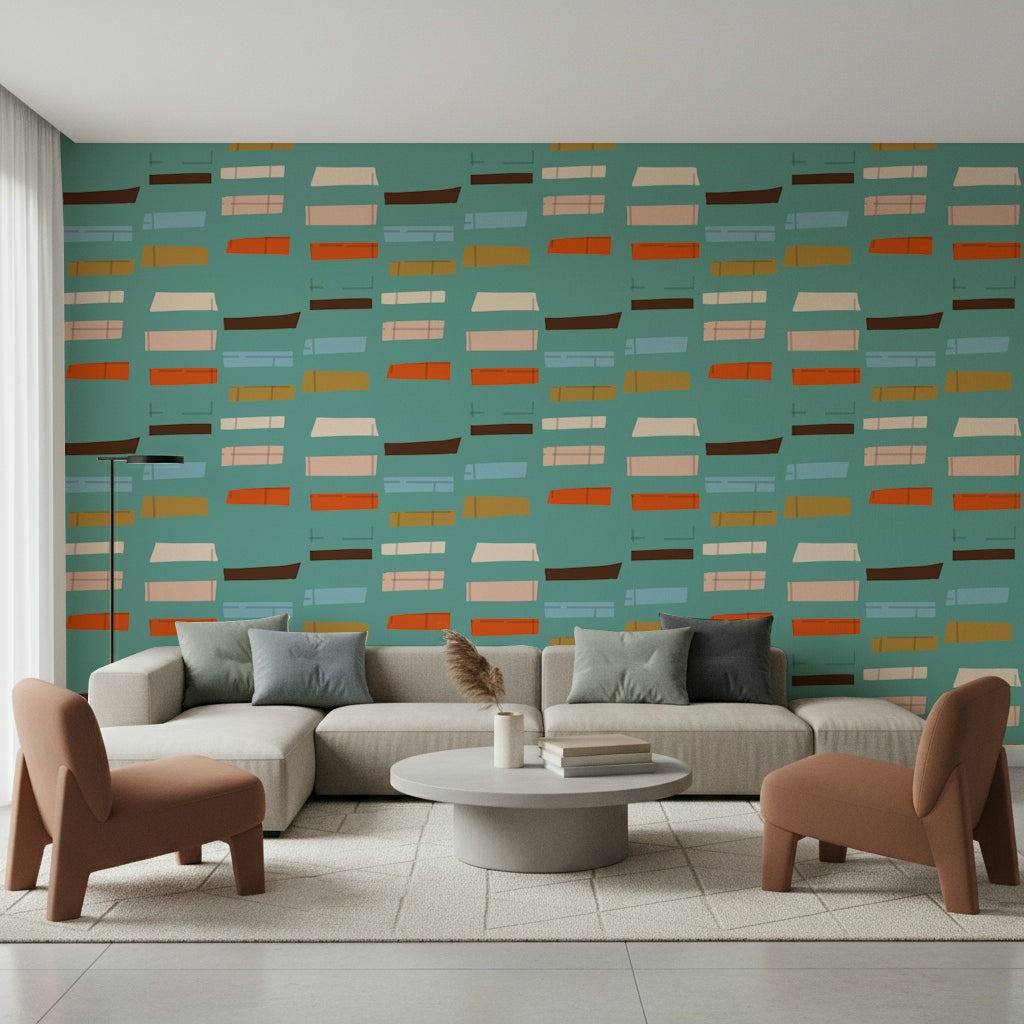 Geometric Blocks Blue wallpaper modern abstract chic style home decor.