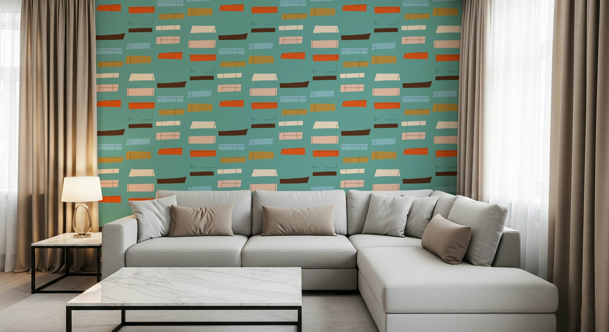 Contemporary Blocks Blue wallpaper minimalist mid-century inspired decor.