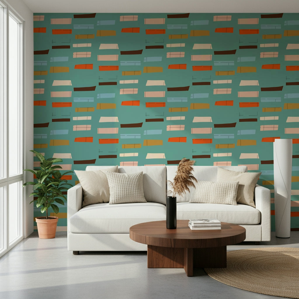 Stacked Blocks Blue wall mural retro orange brown blush interior aesthetic.