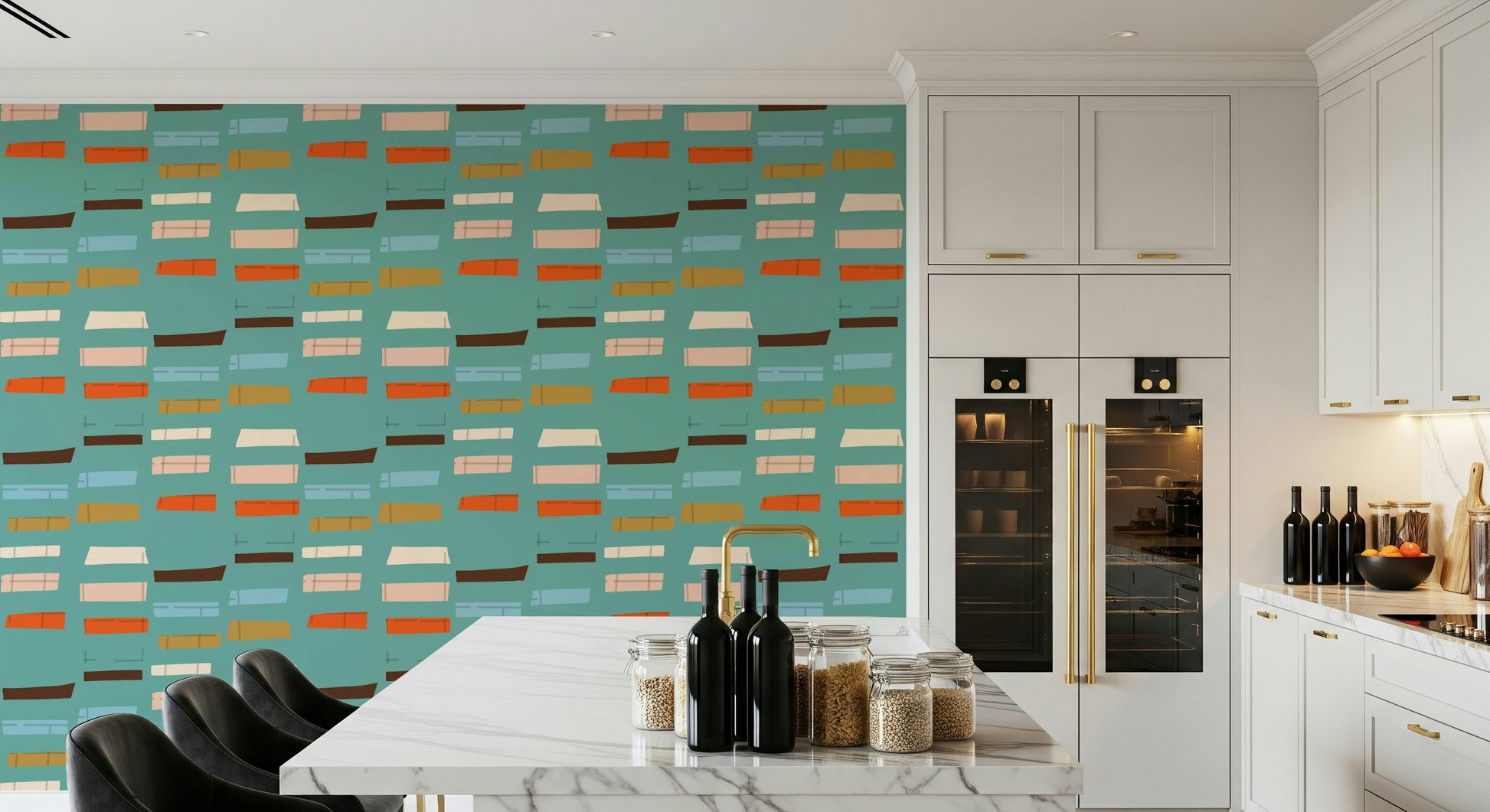 Eclectic Blocks Blue wallpaper distinctive vintage feel apartment makeover.