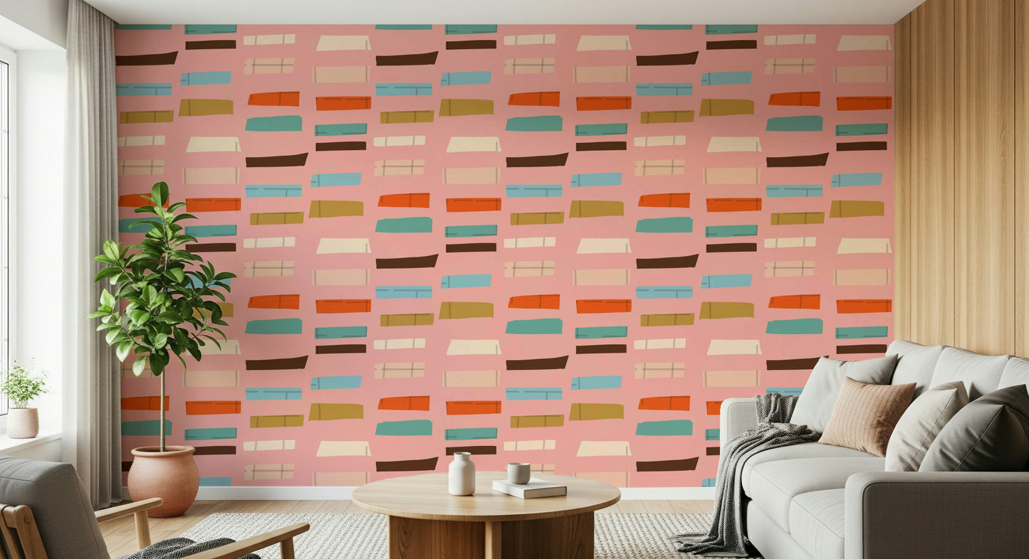 Mid Mod abstract wall covering, stacked shapes for creative spaces.