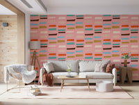 Modern abstract blocks pink wall mural, cheerful kitchen decor.