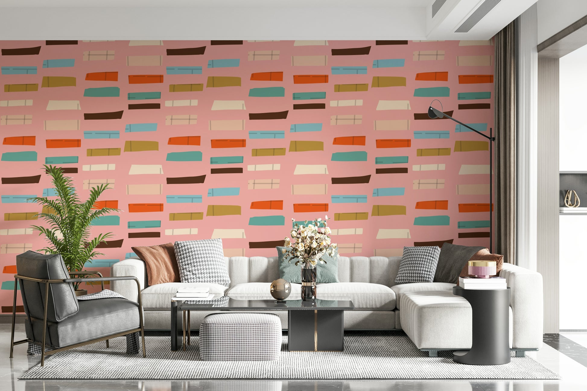 Stylish Mid Mod wallpaper, pastel pink and multicolored blocks.