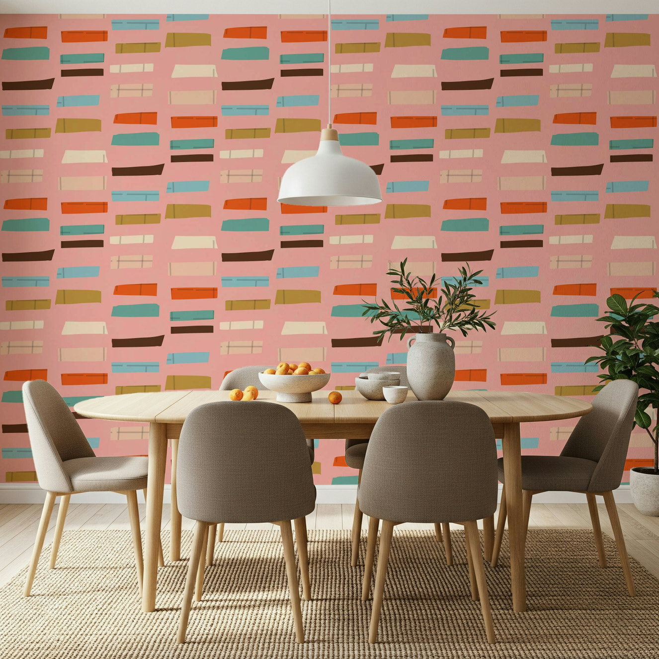 Mid Mod Stacked Blocks Pink geometric retro pattern wallpaper.