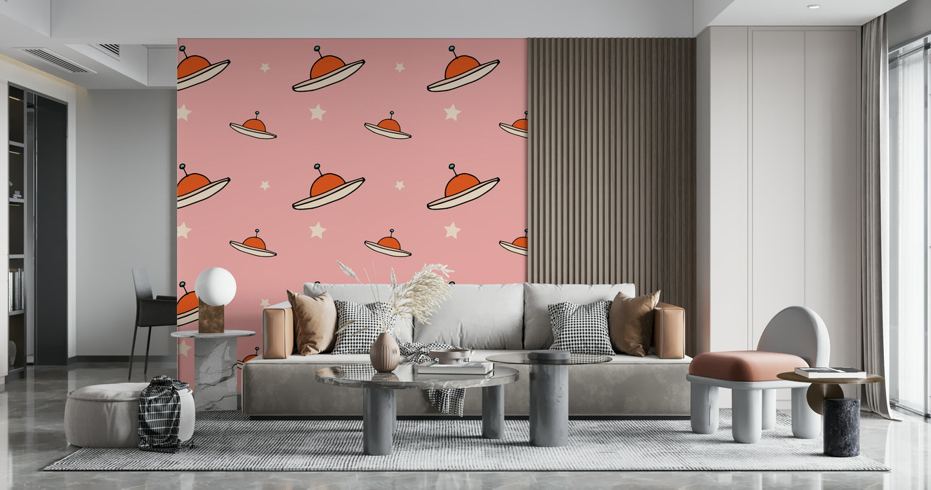 Kids Minimal Vintage UFO Pink wallpaper, cute flying saucers, pink sky.