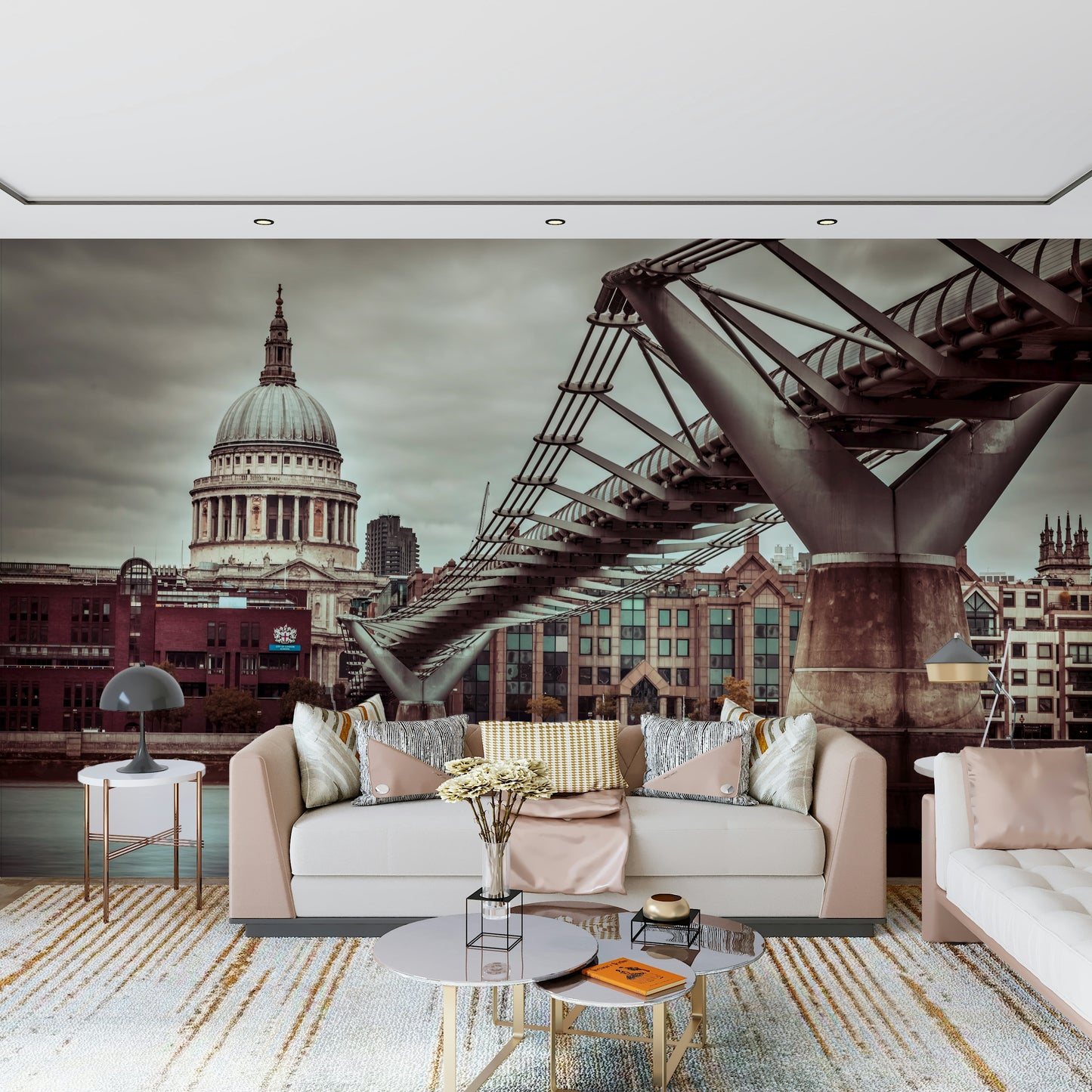 Moody sky wallpaper, modern pedestrian bridge, historic dome backdrop.