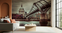 Dramatic London architecture wallpaper, steel bridge structure, sepia tones.