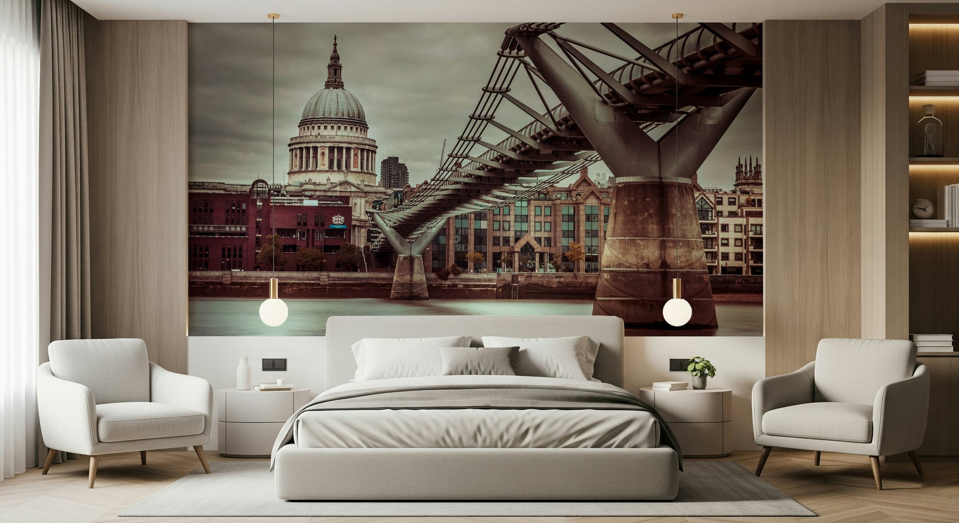 Angled bridge view wallpaper, dramatic perspective, cityscape landmark art.