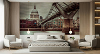 Angled bridge view wallpaper, dramatic perspective, cityscape landmark art.