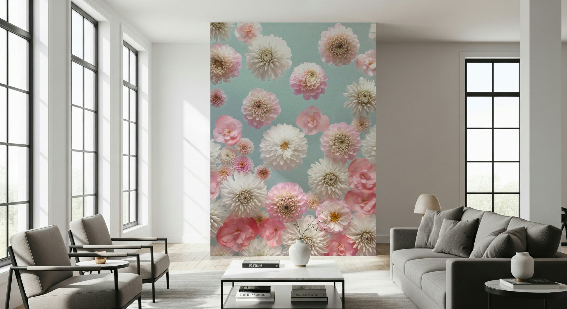 Ethereal floral wall mural, white chrysanthemum style flowers, calming art.