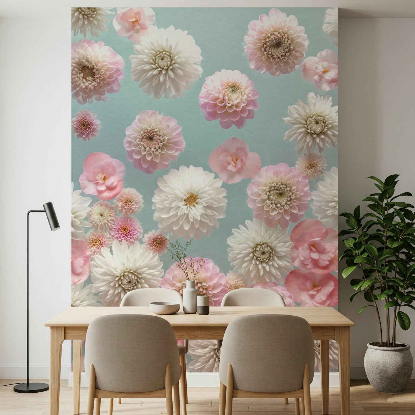 Feminine Dahlia Dance wallpaper, contemporary floral print, decorative piece.