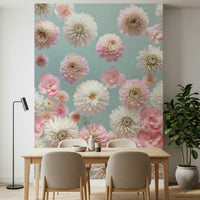 Feminine Dahlia Dance wallpaper, contemporary floral print, decorative piece.