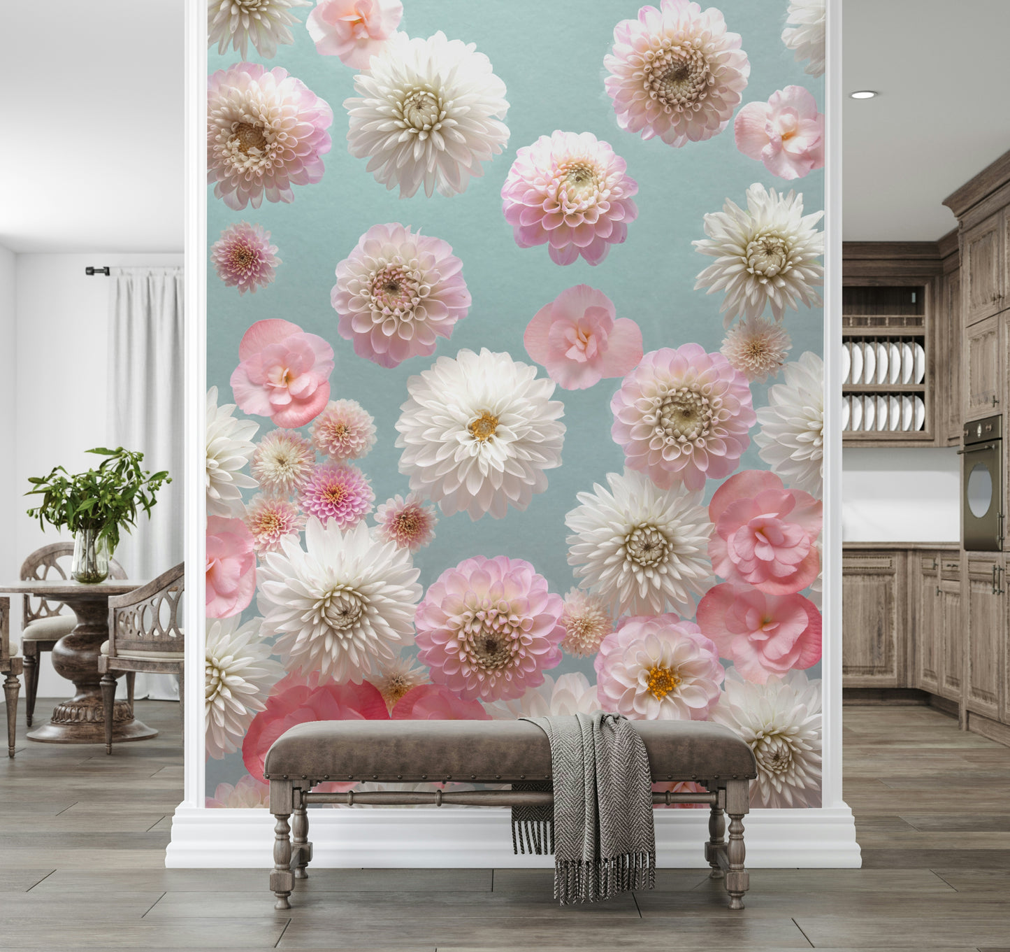Whimsical flower wallpaper, assorted Dahlia Dance varieties, delightful mural.