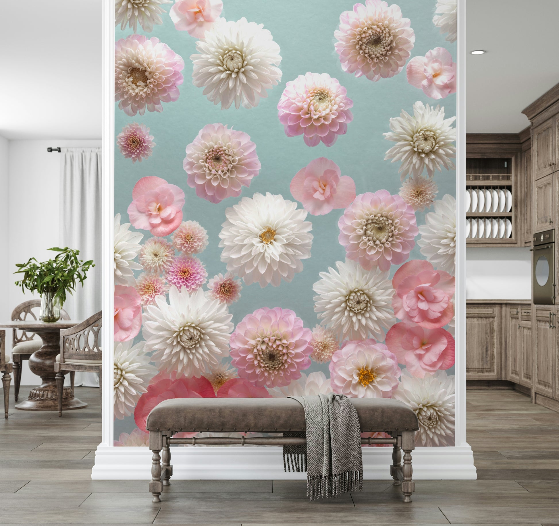 Whimsical flower wallpaper, assorted Dahlia Dance varieties, delightful mural.
