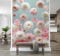 Whimsical flower wallpaper, assorted Dahlia Dance varieties, delightful mural.