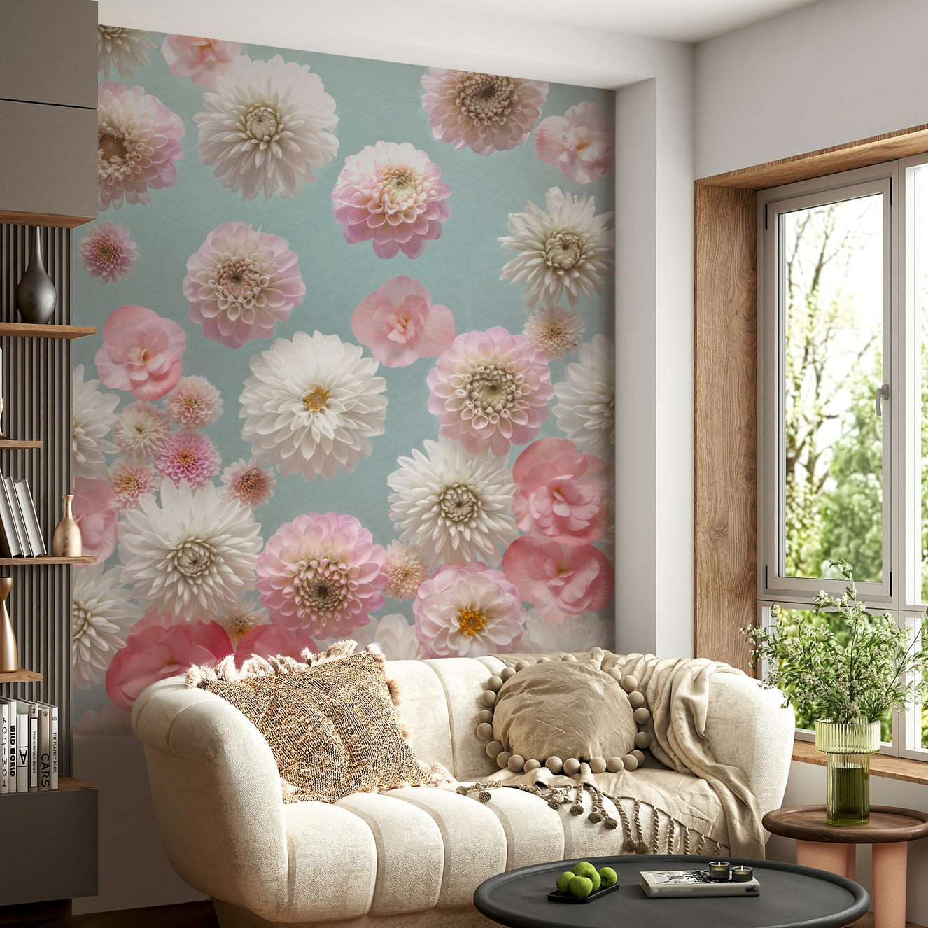 Dahlia Dance wall mural, delicate pink and white flowers, mint background.