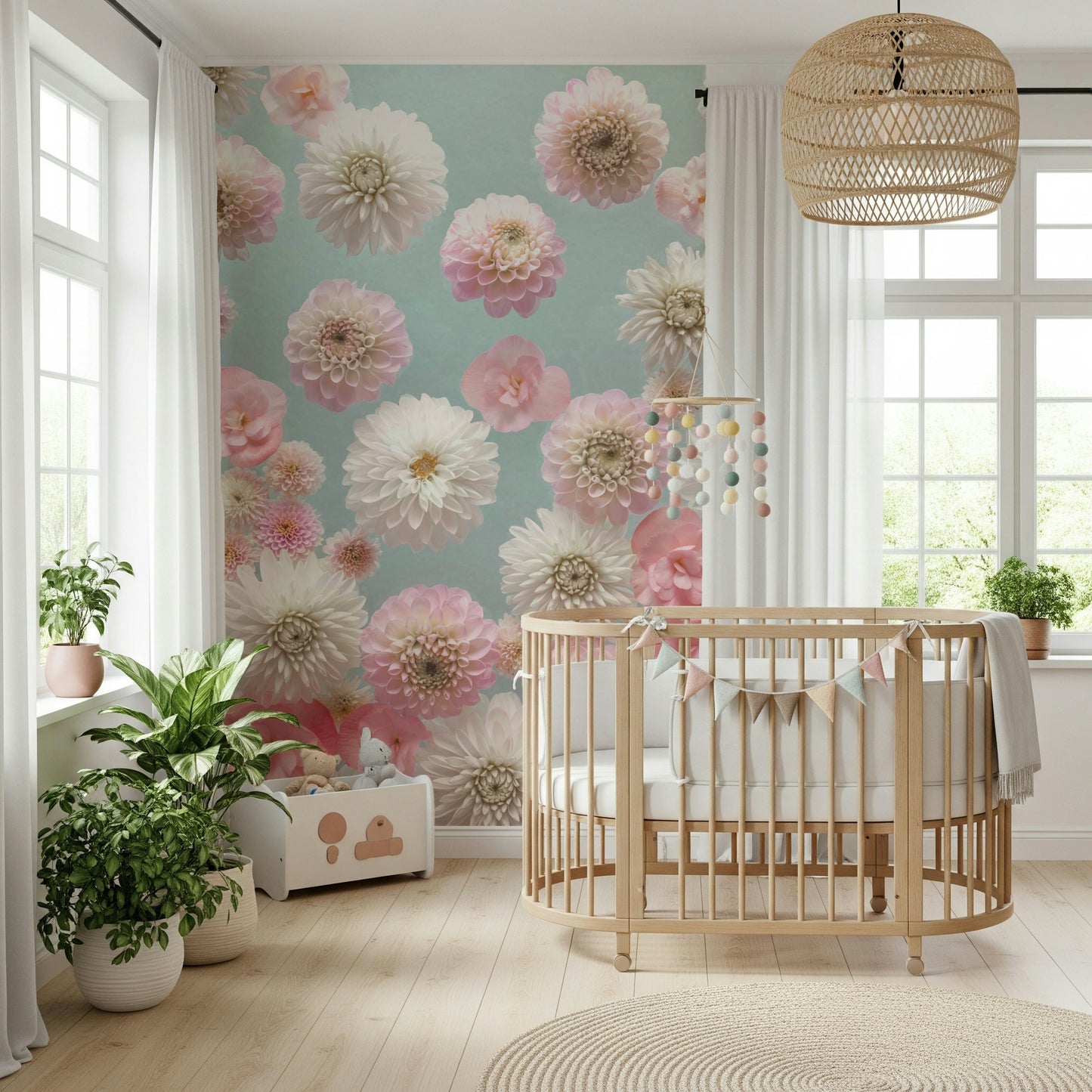 Romantic Dahlia Dance product, scattered flowers, vertical pattern mural.