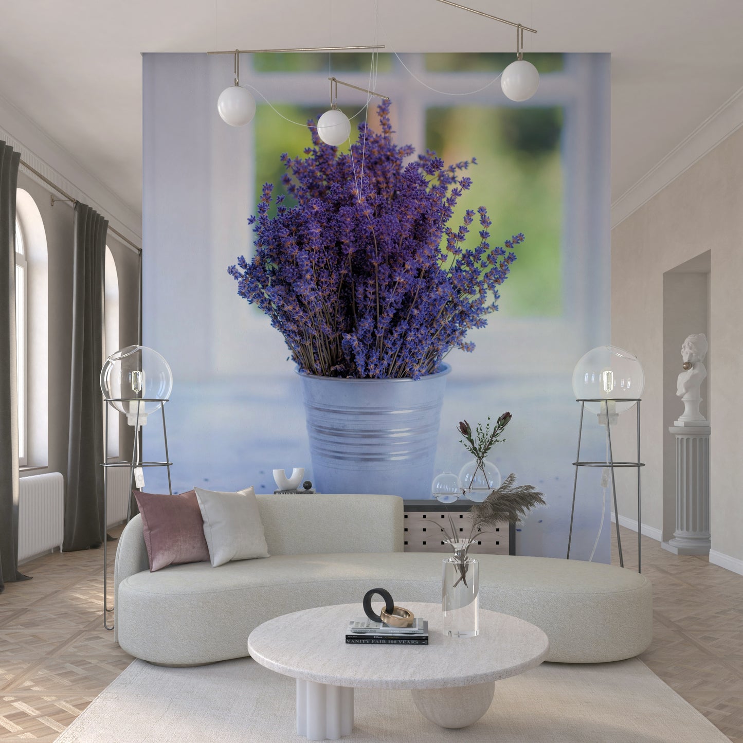 Fresh floral decor mural, dried lavender bunch, kitchen counter setting.