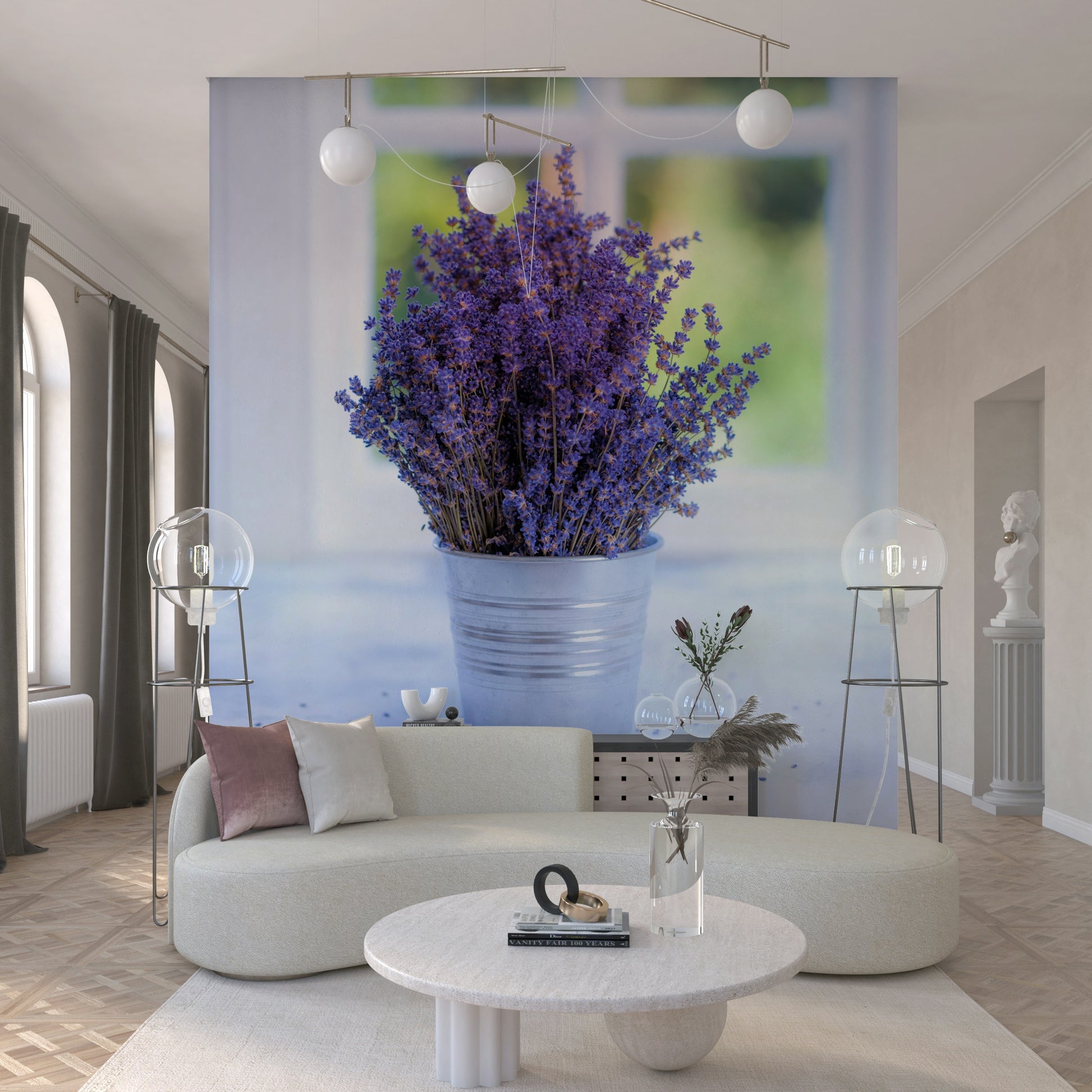 Fresh floral decor mural, dried lavender bunch, kitchen counter setting.
