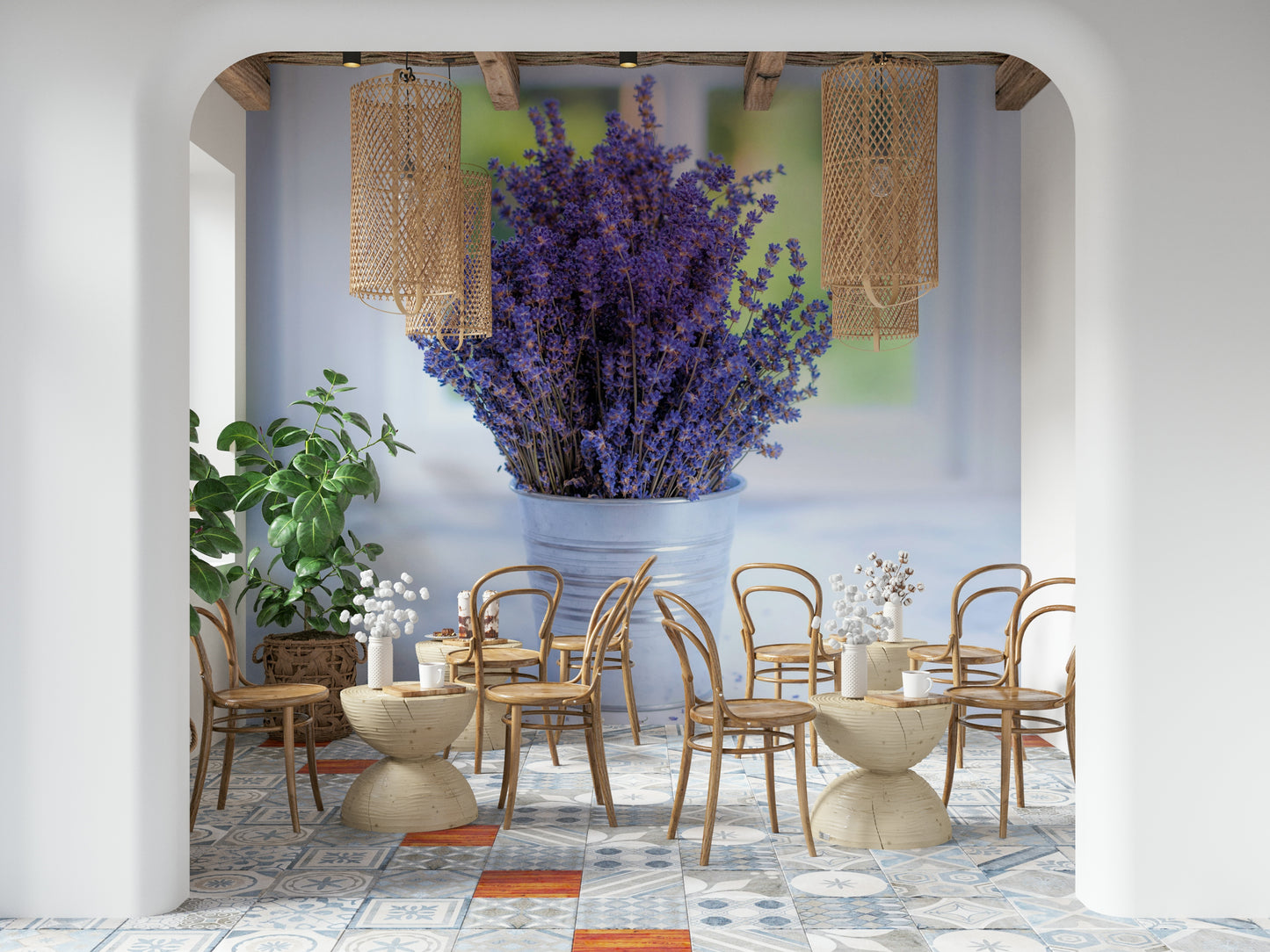 Romantic lavender print wallpaper, window frame backdrop, gentle texture.