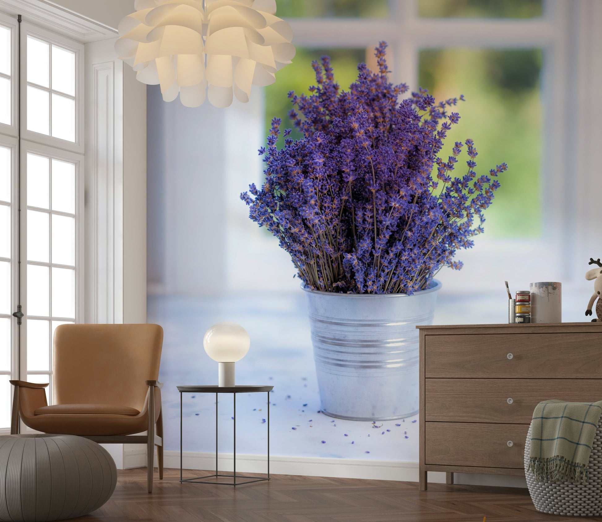 Soothing Lavender in a Vase wall mural, floral bouquet, simple window view.