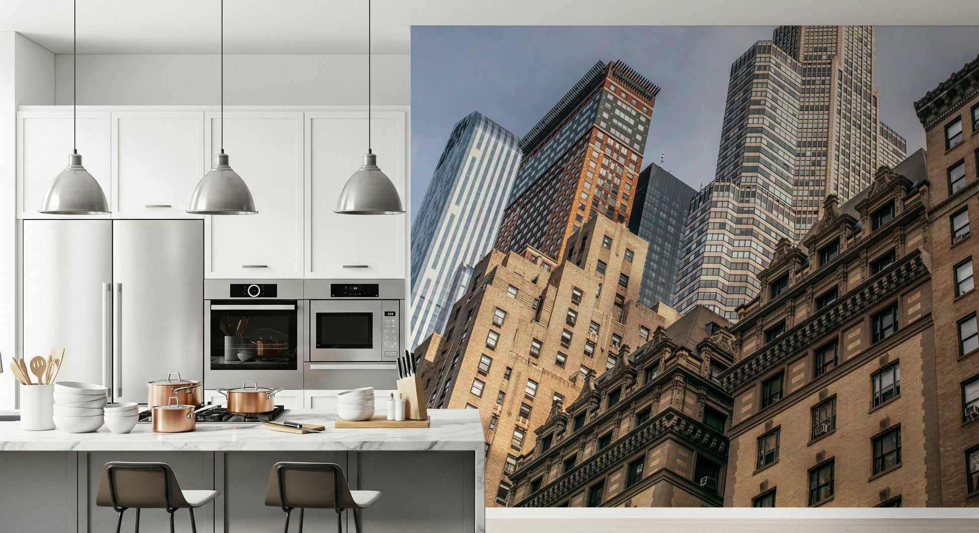 Magnificent angle highlighting the scale of NYC skyscrapers wallpaper.