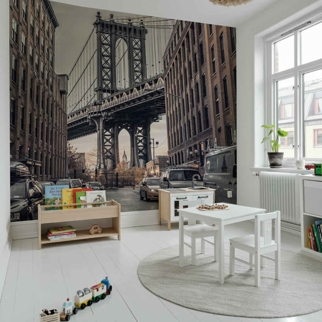 Dumbo view of the Bridge structure wallpaper for walls, Brooklyn mural.