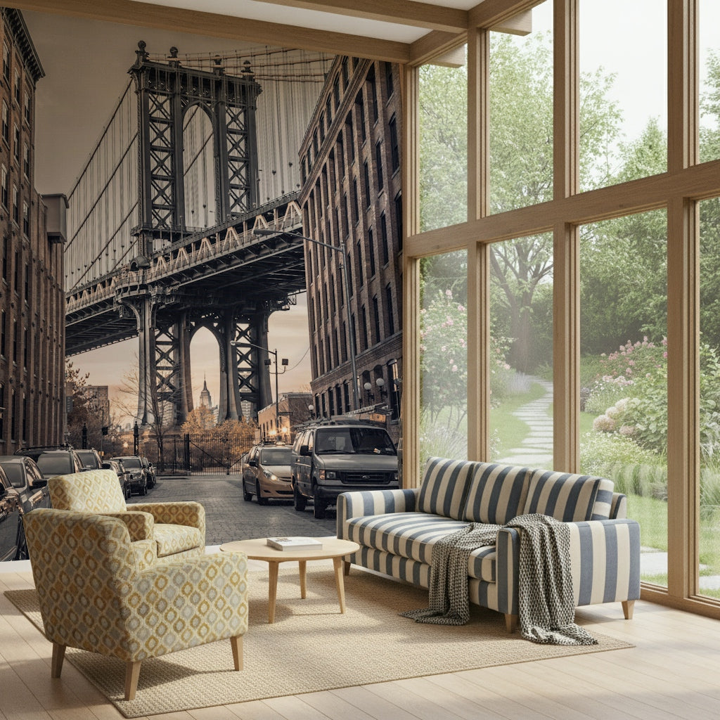 Famous Dumbo cobblestone street wall mural, towering Manhattan Bridge.