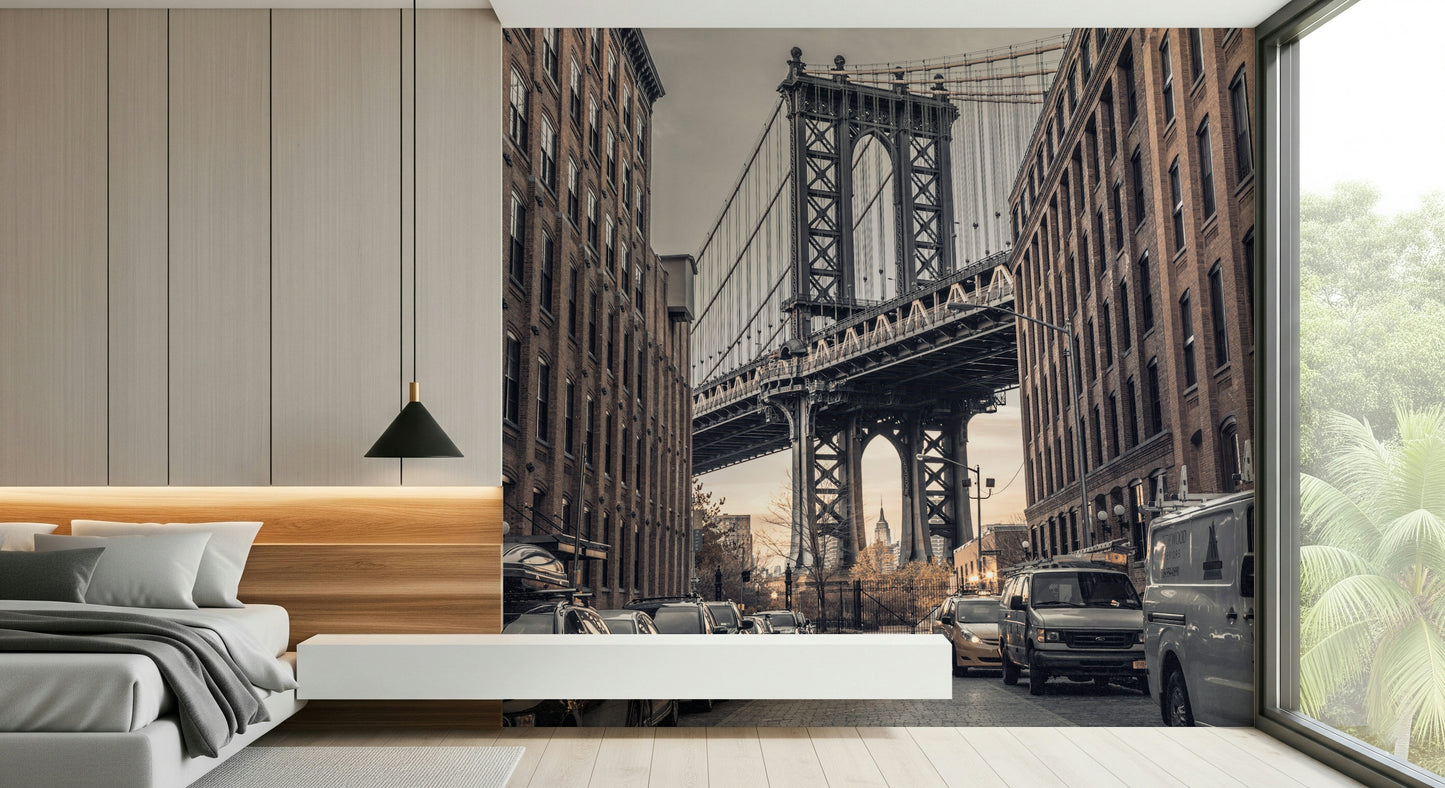 New York City viewpoint wall mural, famous tower arch Manhattan Bridge wallpaper.