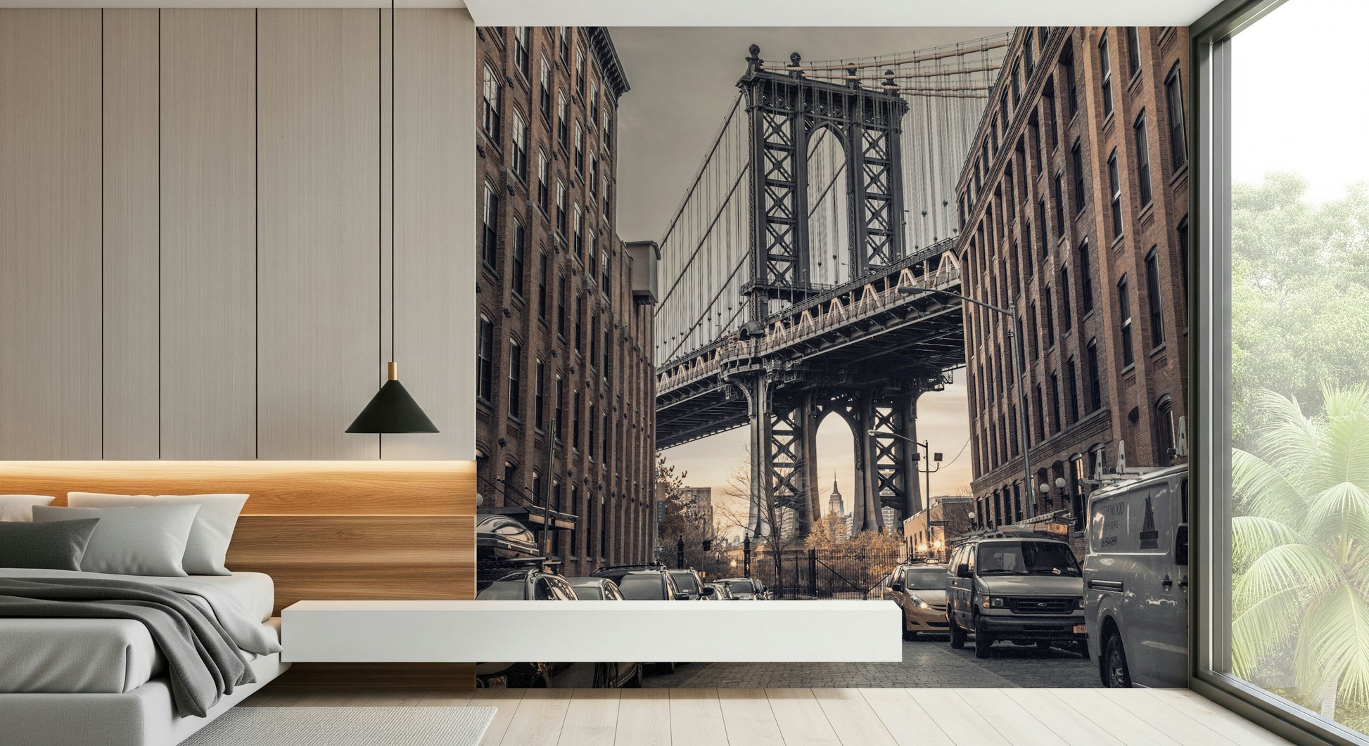 New York City viewpoint wall mural, famous tower arch Manhattan Bridge wallpaper.