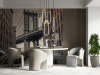 Architectural geometry Manhattan Bridge wallpaper, charming Dumbo alley mural.