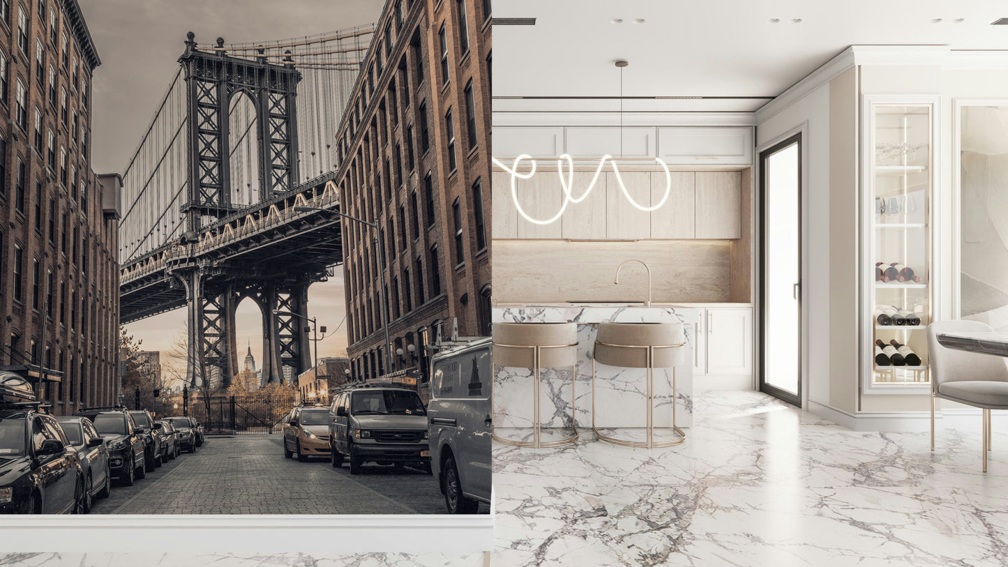 Archway perspective Manhattan Bridge wallpaper, classic Urban scene mural.