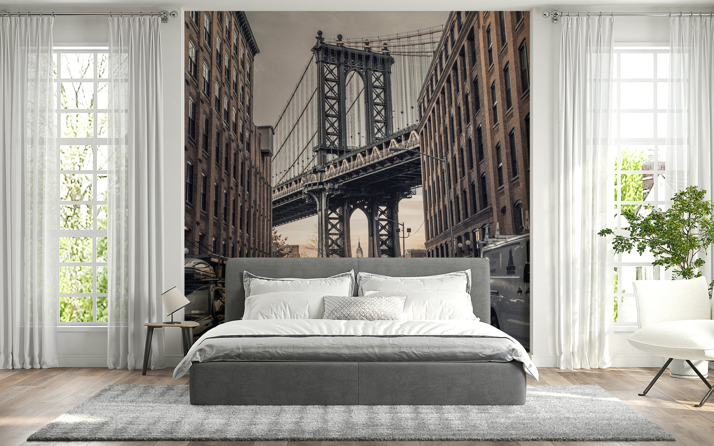 Street parking and historic buildings, Urban Bridge mural, scenic wallpaper.