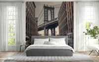 Street parking and historic buildings, Urban Bridge mural, scenic wallpaper.