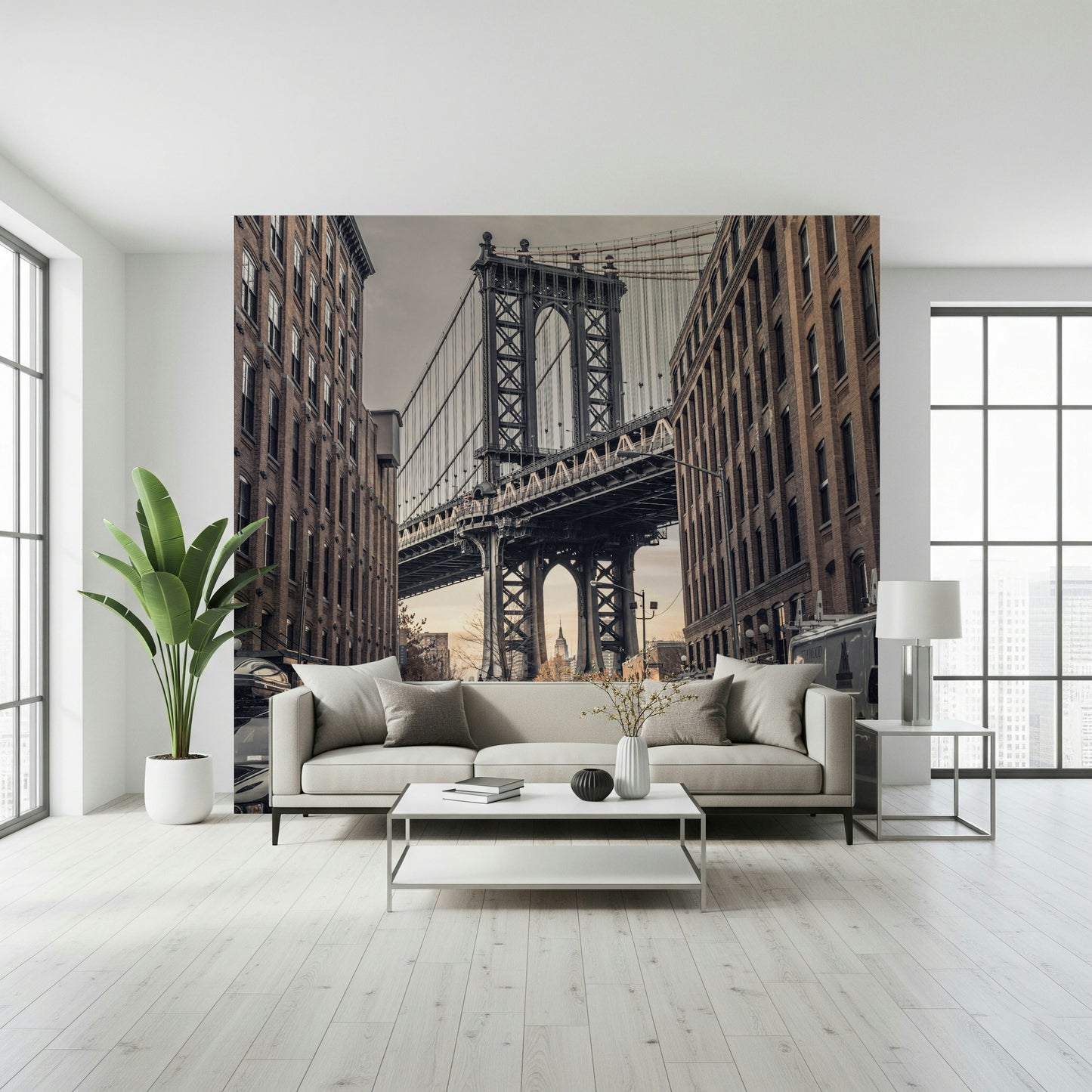 Manhattan Bridge from Dumbo mural, iconic street view wallpaper design.