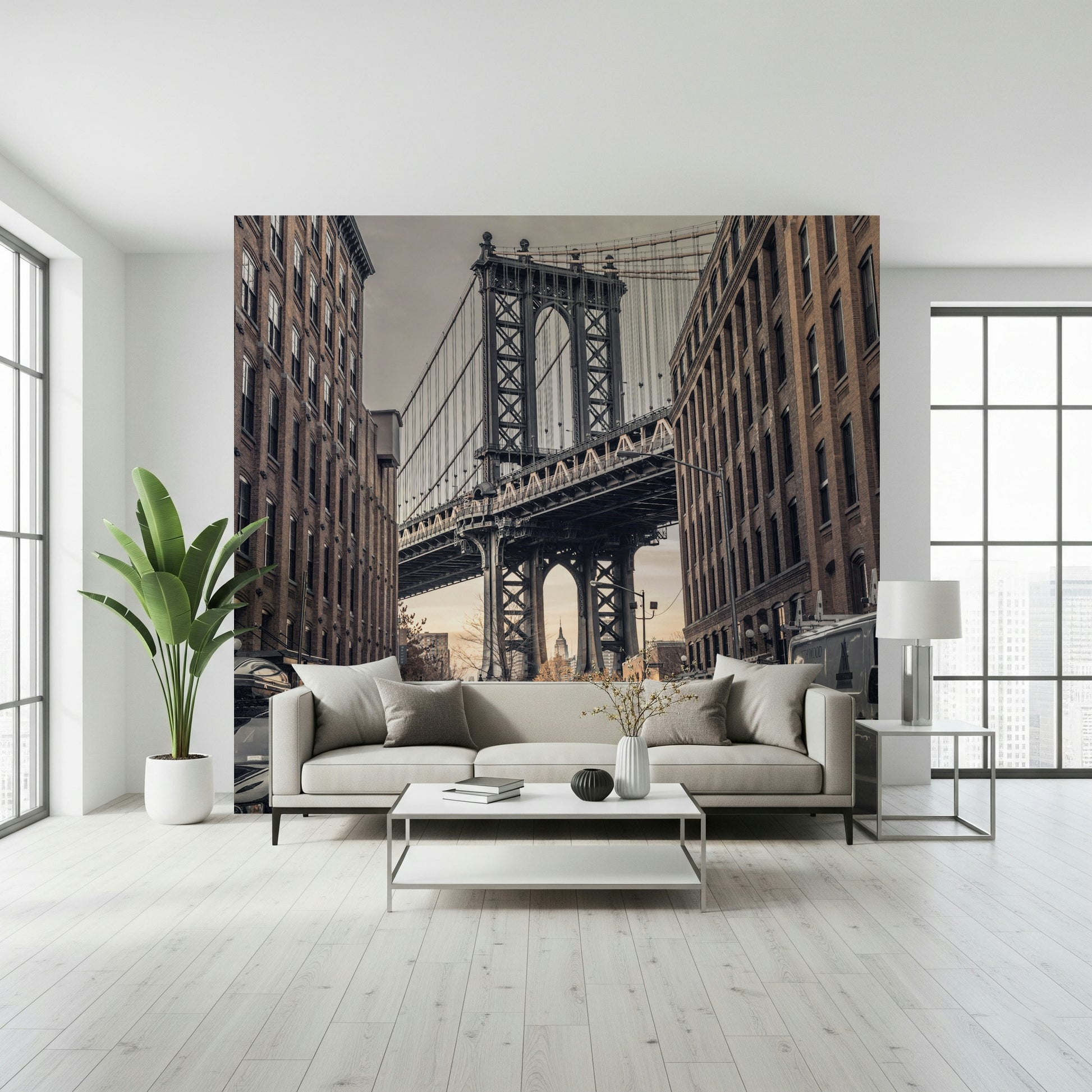 Manhattan Bridge from Dumbo mural, iconic street view wallpaper design.