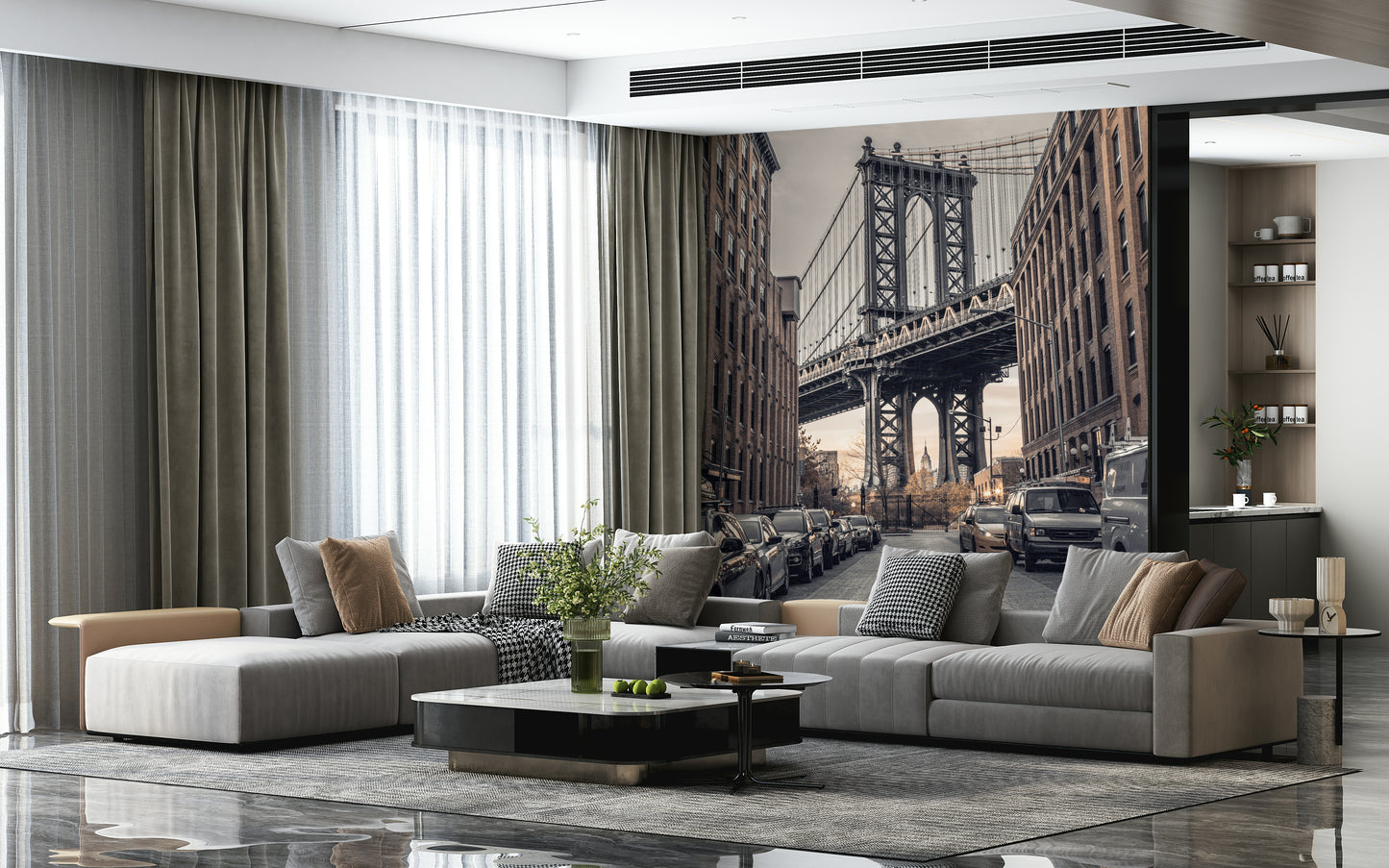 Historic brick architecture, stunning Bridge tower wallpaper focus Dumbo mural.