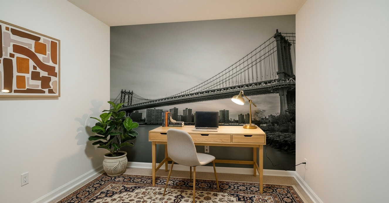 Manhattan Bridge view wallpaper, powerful black white Monochrome mural.