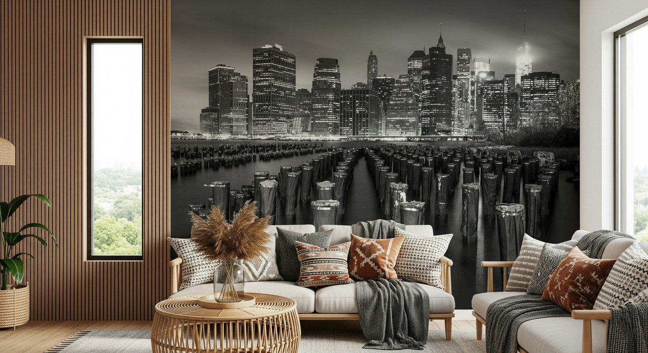 Monochrome urban Waterfront mural, striking Noir contrast wallpaper design.