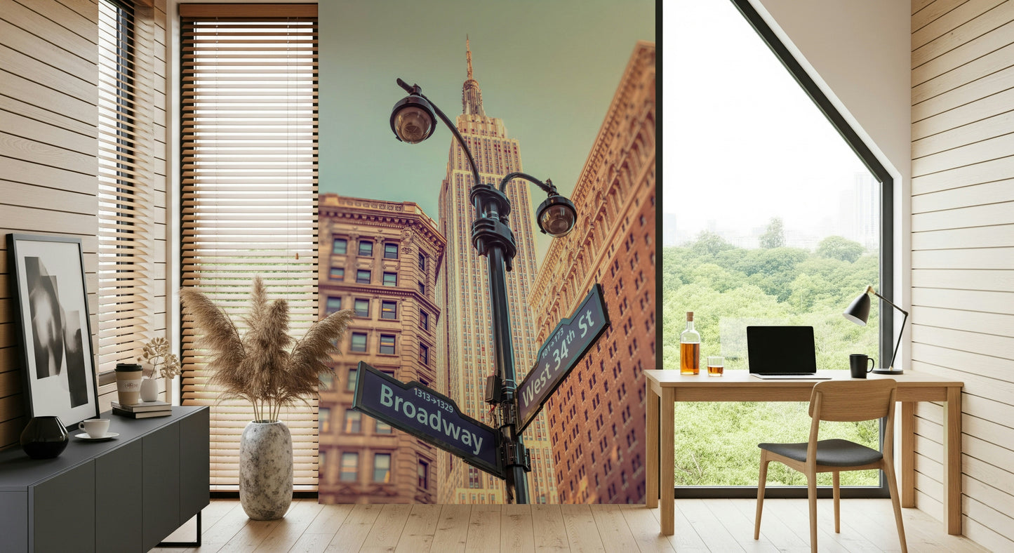Majesty of the Empire State wallpaper print, detailed street lamp mural.