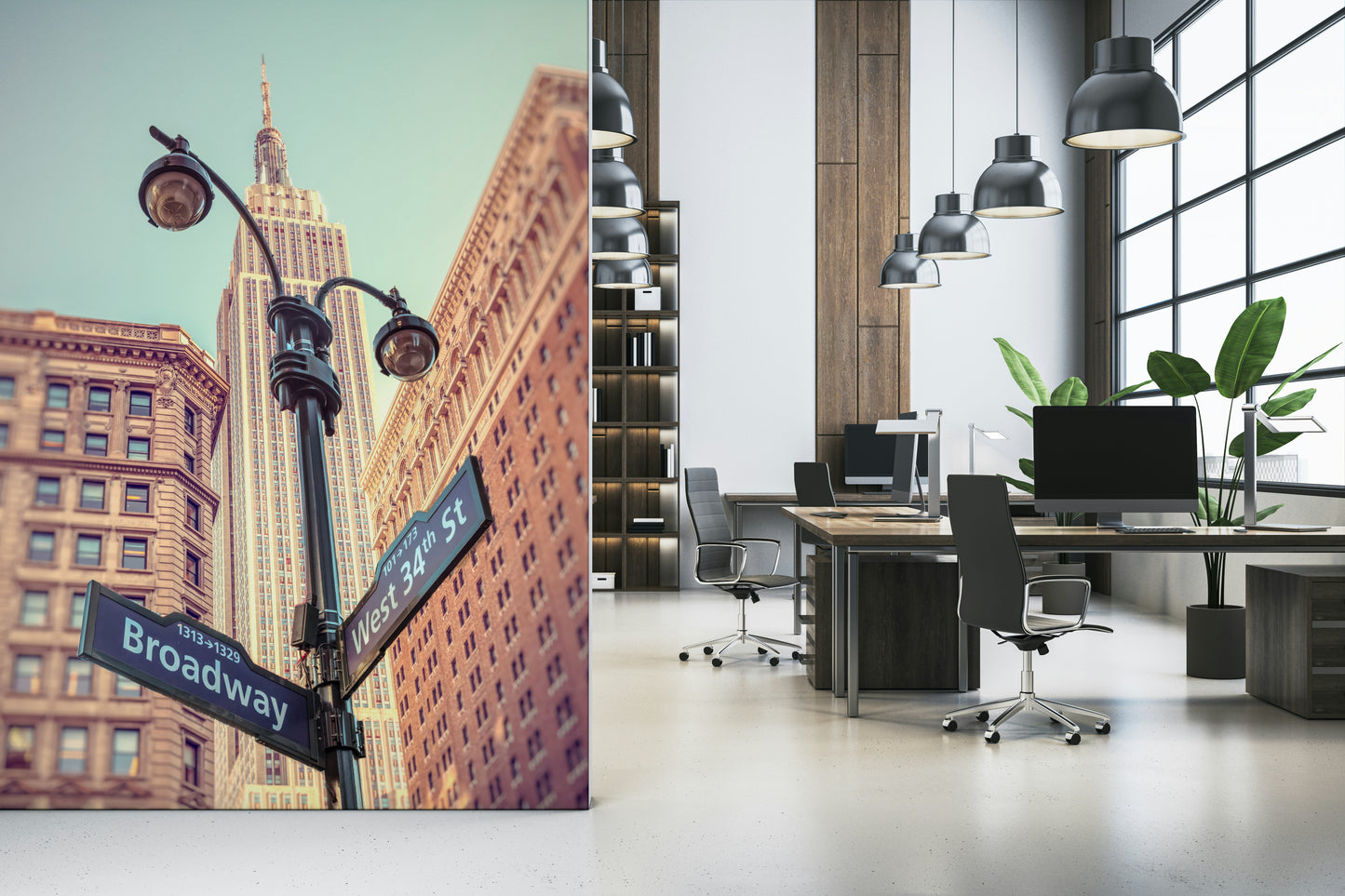 Iconic street signs, New York Manhattan mural, classic wallpaper design.