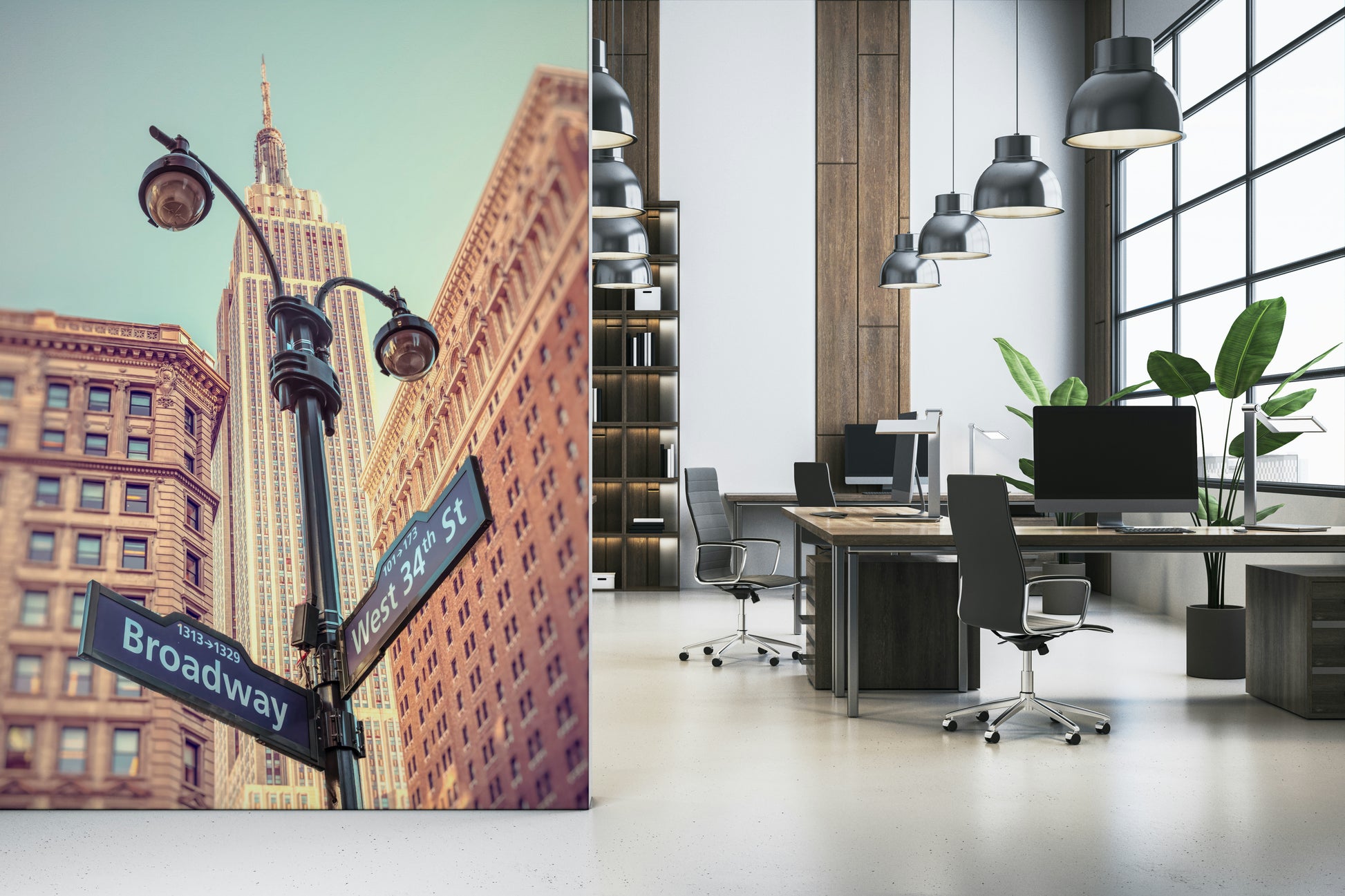 Iconic street signs, New York Manhattan mural, classic wallpaper design.