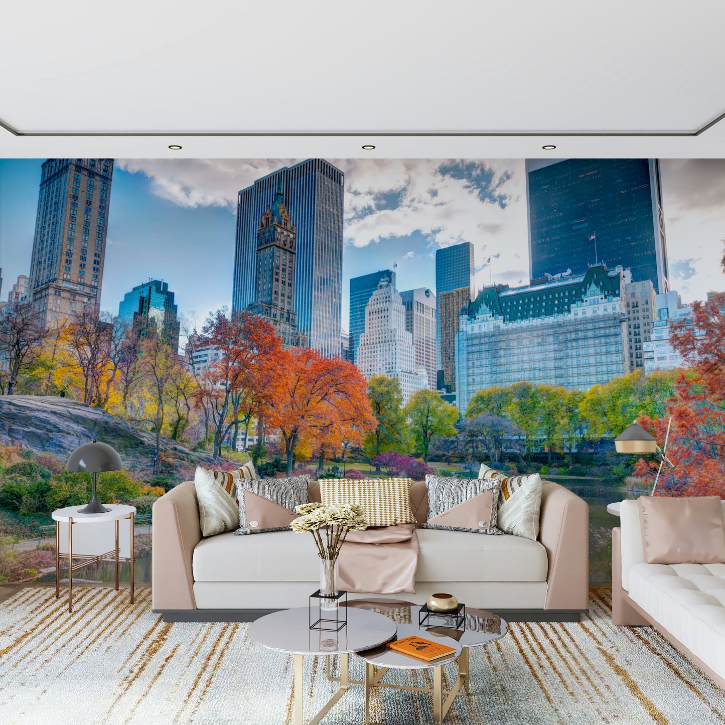 Fall landscape wall mural, urban park vista, breathtaking City wallpaper.