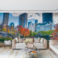 Fall landscape wall mural, urban park vista, breathtaking City wallpaper.