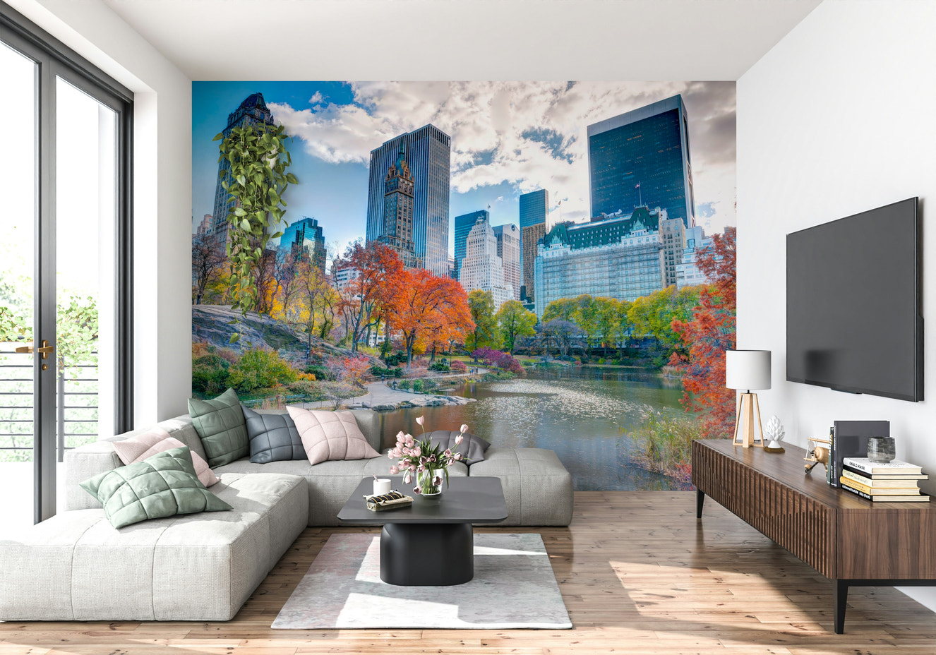 Autumn in the City park view mural, vibrant fall colors wallpaper.