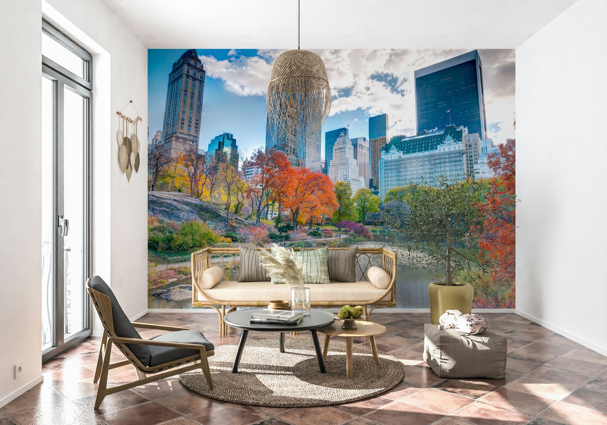 Autumn in the City view, serene pond mural, unique landscape wallpaper.