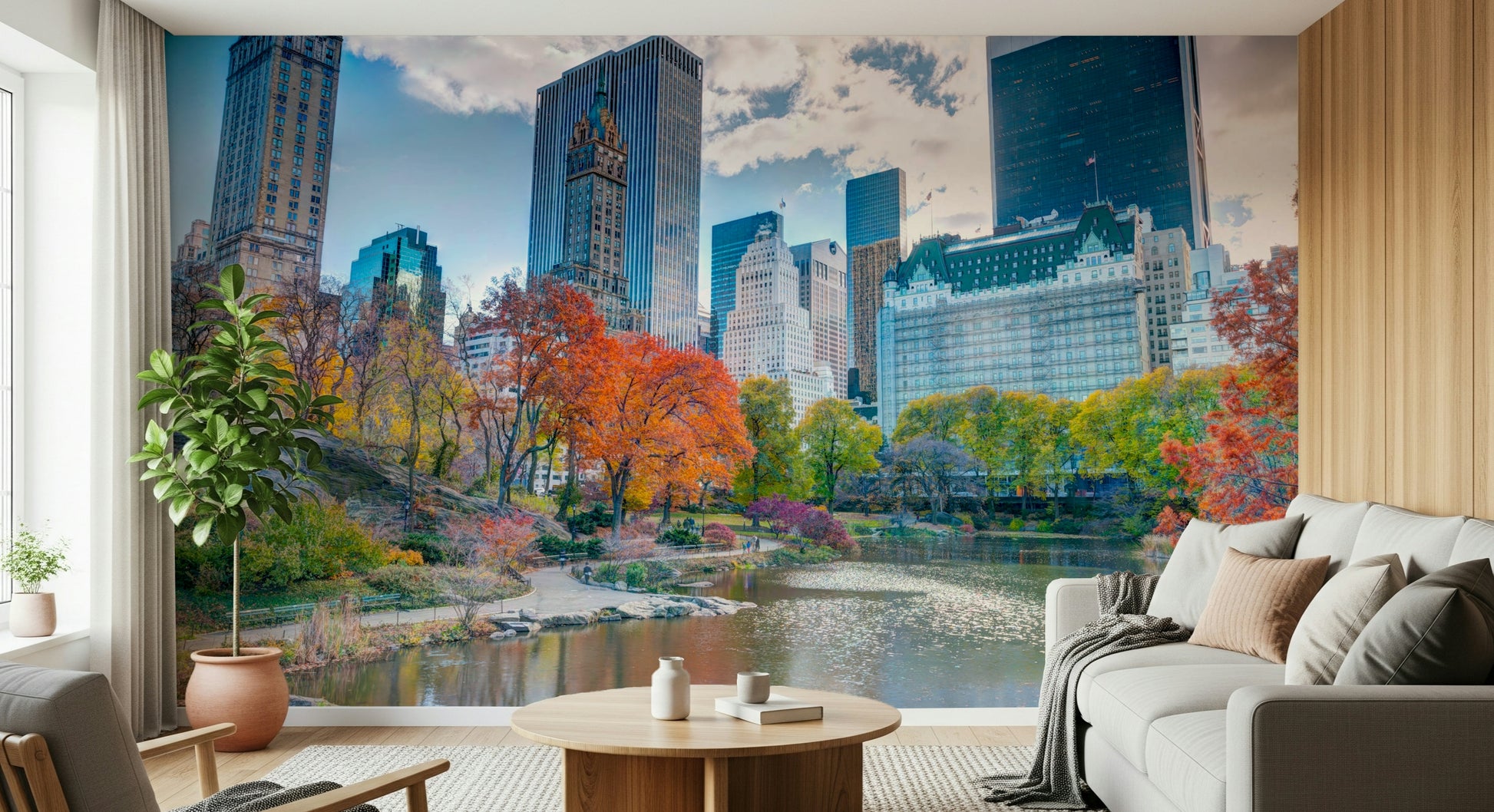 Autumn in the City wallpaper for walls, stunning seasonal mural.